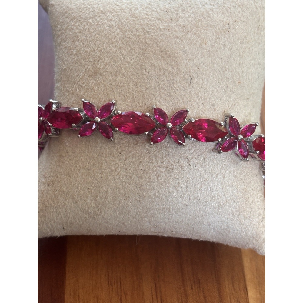 24.76 CTW 7.2" Lab Created Marquise Ruby & 925 Silver Bracelet  - 21 Grams